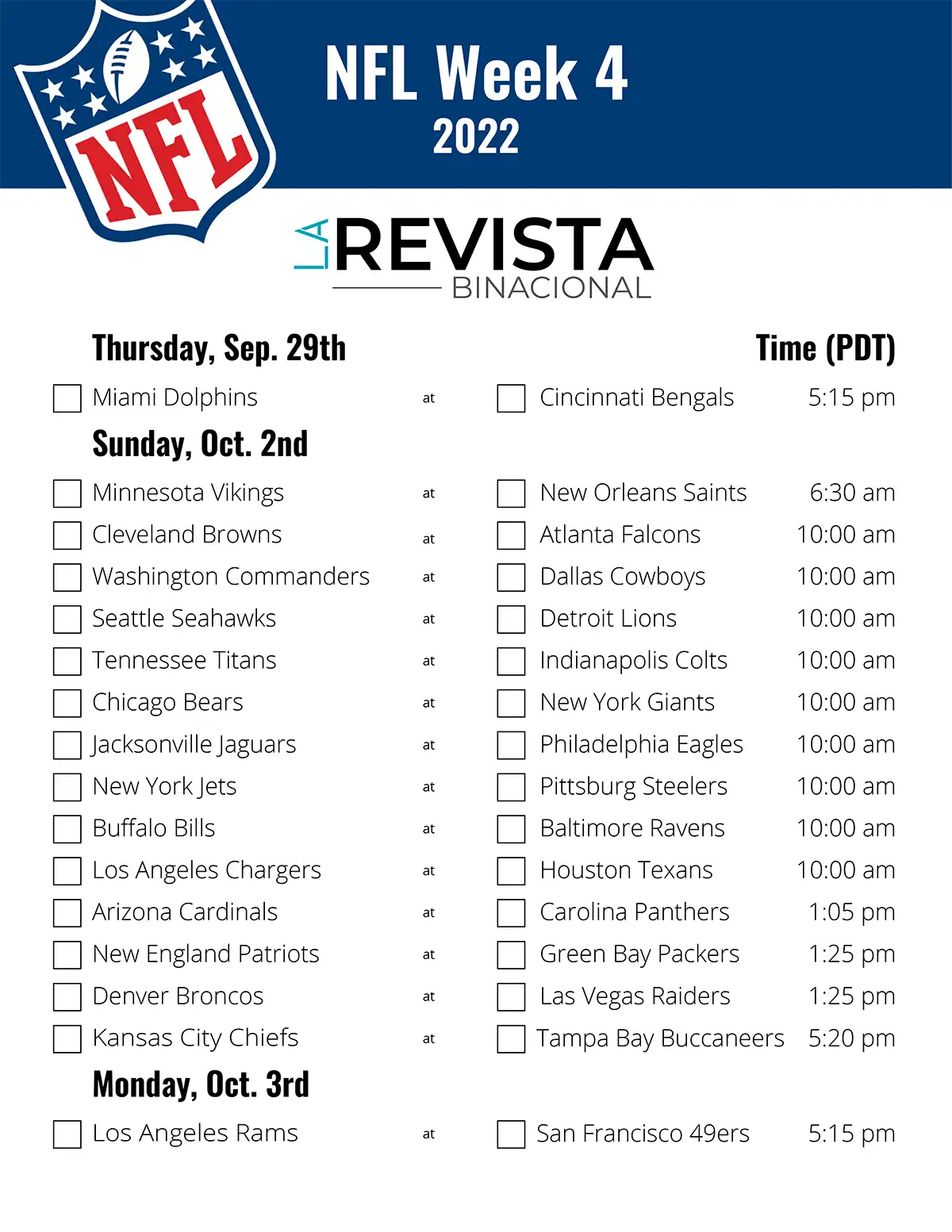 NFL PICKEMS WEEK 4 - La Revista Binacional