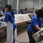 Female workers in a electronics manufacturing facility.
